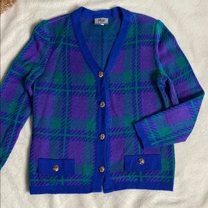 Vintage Mita Purple and Green Cardigan Sweater with Tartan Design